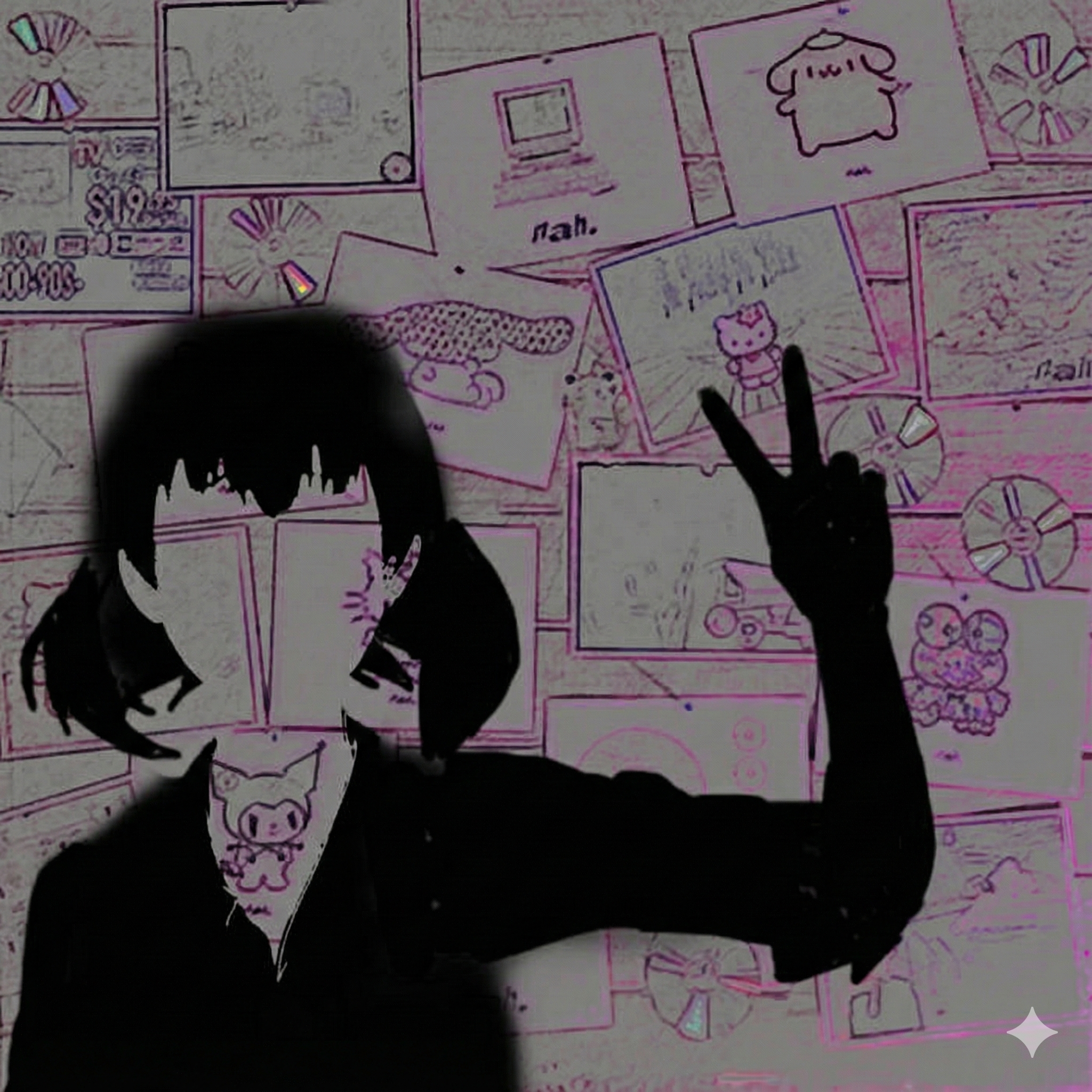 Shadowy figure throwing a peace sign in front of polaroids